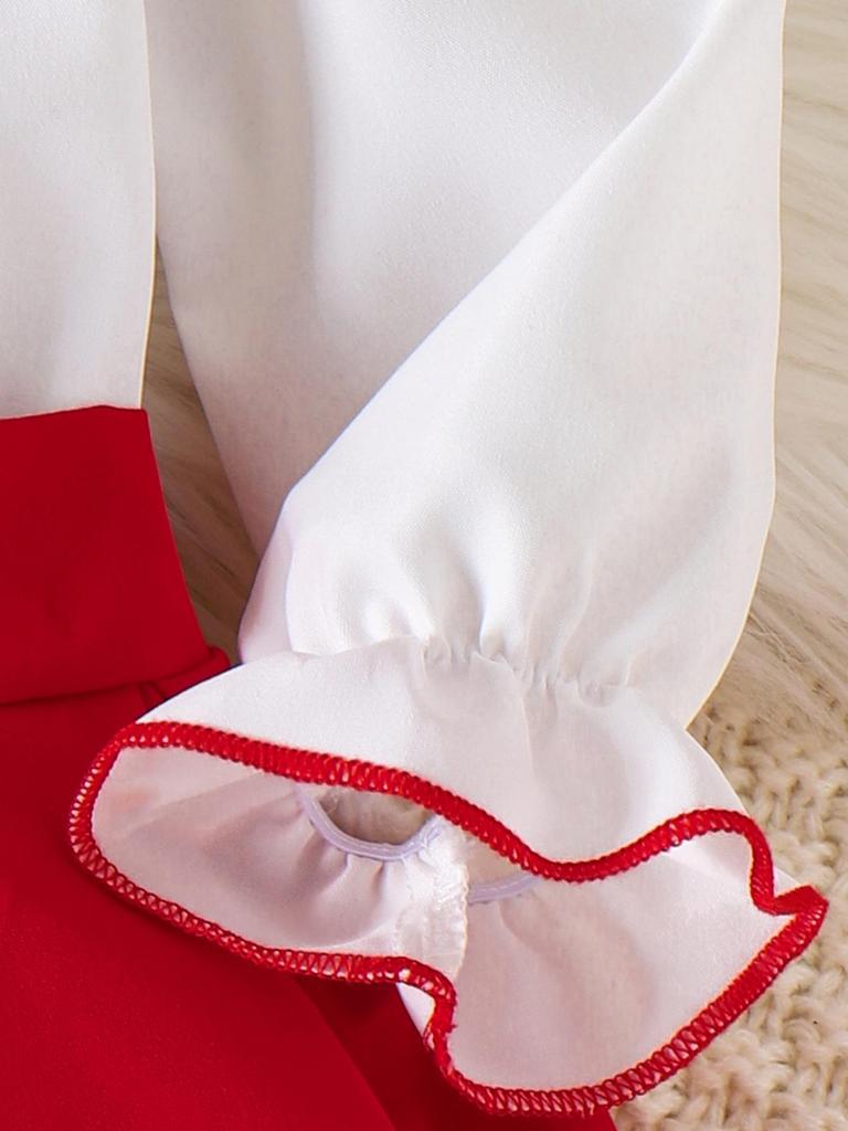 New Girl's European & American Clothing Set: White Long-Sleeve Top + Red Short Skirt