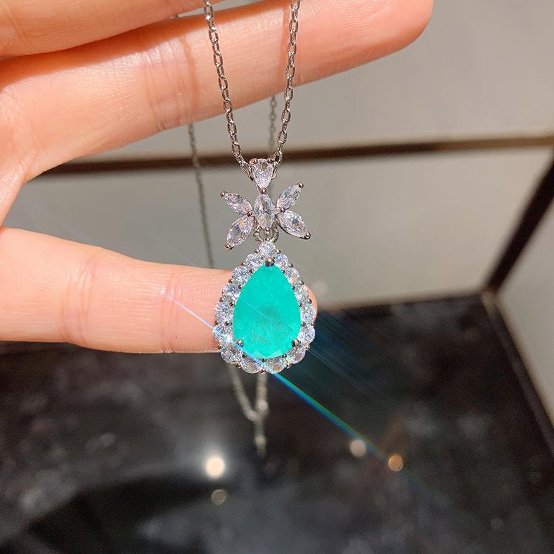 Simulation Paraiba Blue Noblewoman Pendant Emerald Bride Vintage Jewelry Necklace Earring Set