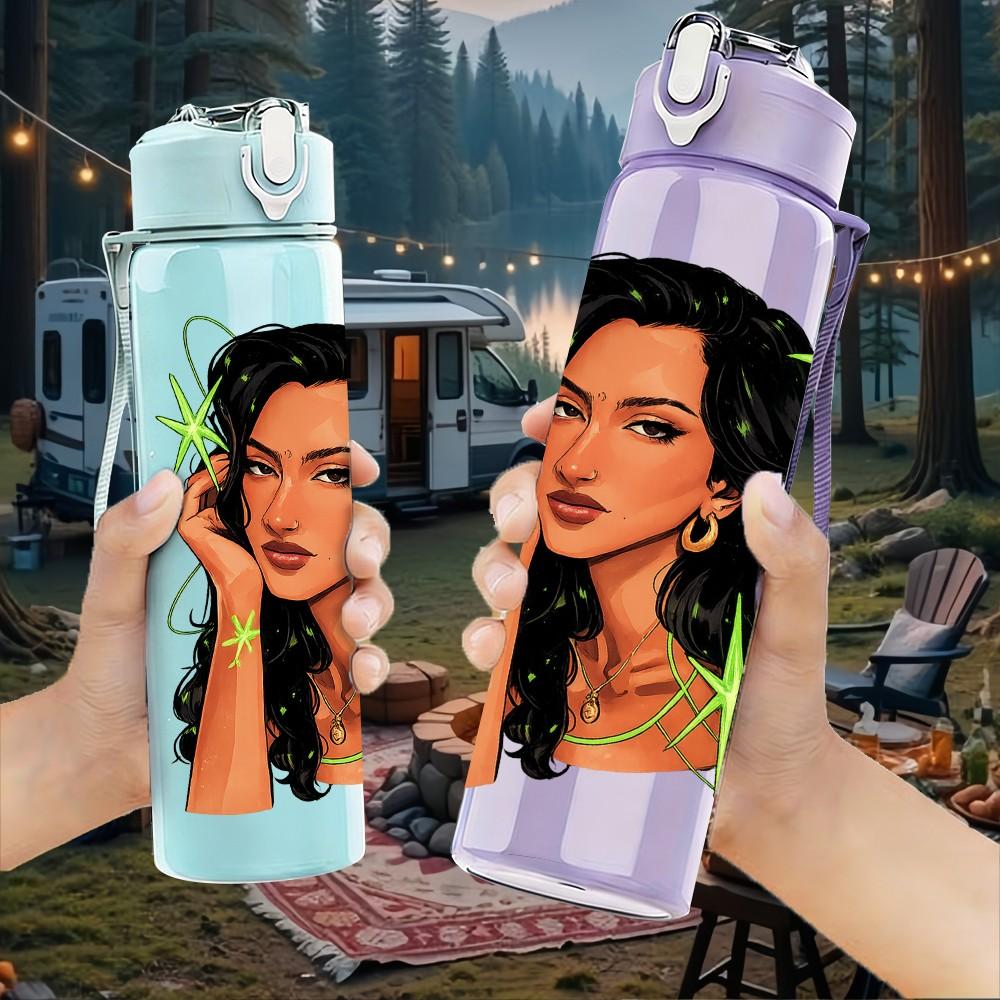1PC Curly Hair Dark Skin Lady 750ml Color Plastic Sports Water Bottle Leakproof Flip Straw Lid Suitable for Sports Office Home Use