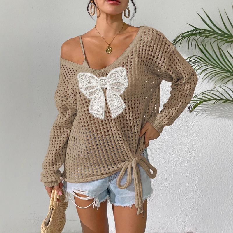 Women's Tops Hollow Blouse Long-sleeved Pullover Tie Butterfly Splicing Woolen Knitted Lazy Style Loose Sweater
