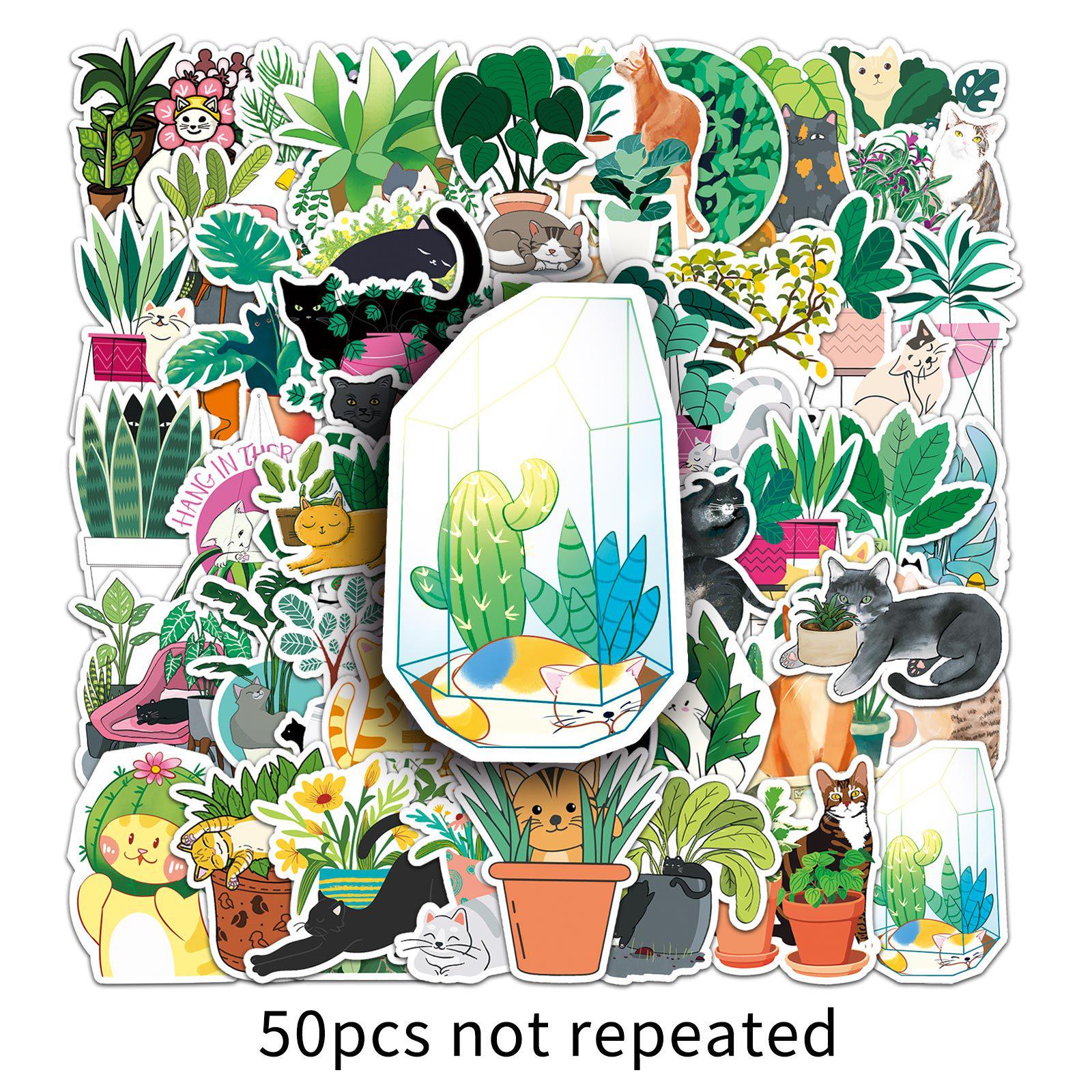50pcs Cat & Plant Graffiti Cartoon Fresh DIY Skateboard Luggage Stickers Waterproof