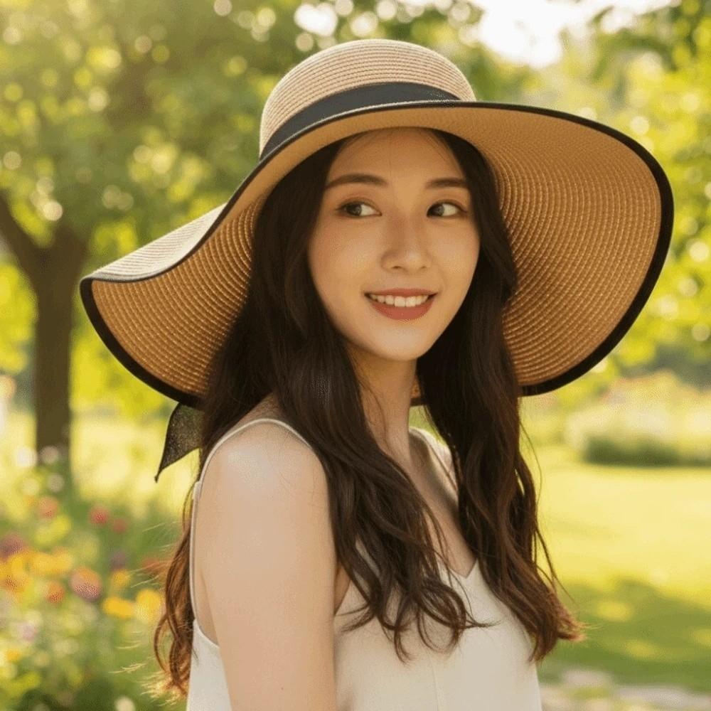 Lightweight Big Brimmed Straw Hat with Lace Ribbon Woven Sun Cap Vacation Beach Cap  Daily