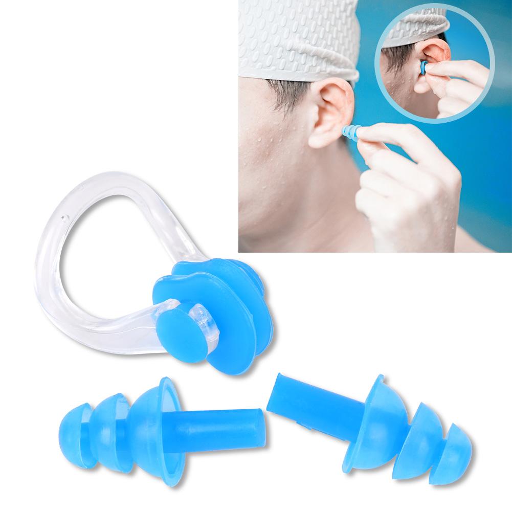 4Pcs Waterproof Soft Silicone Swimming Earplugs Earmuff Nose Clips Clamp Set Tools(Blue)