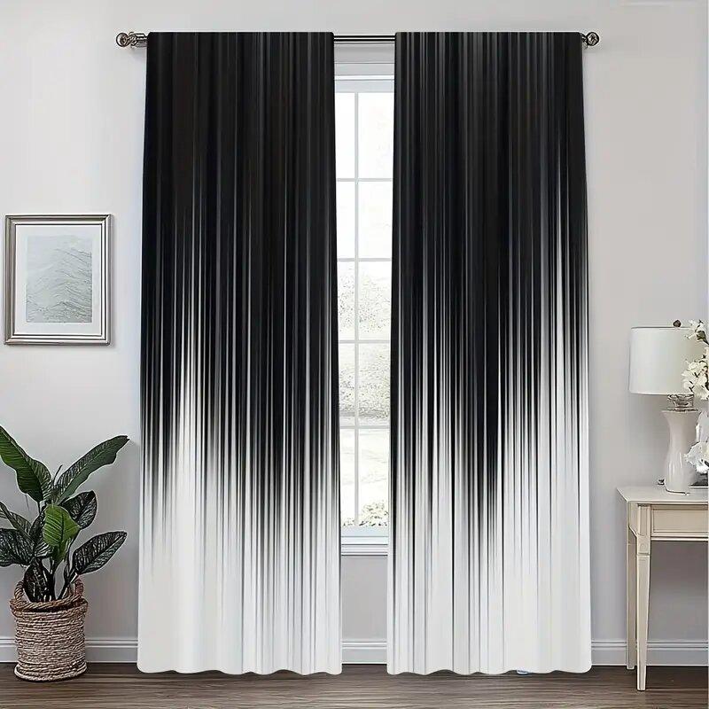 Gradient Stripes Black White Print Curtains Pole Bag Home Decoration Room Set Of 2 Made Polyester