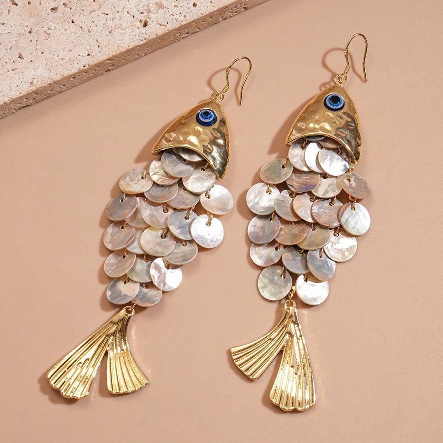 Fish-shaped Shell Tassel Ear Hooks Seaside Resort Style High-end Earrings for Women