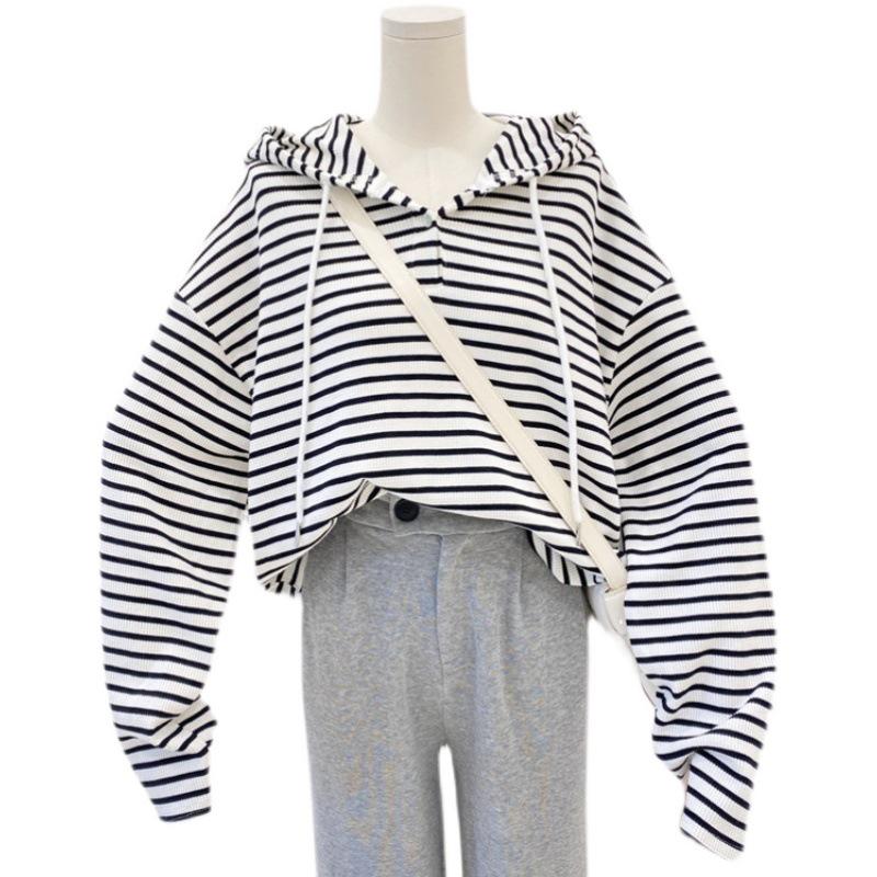 Women's Retro Striped Hooded Sweatshirt - Spring/Autumn 2021 Trend, College Style, Versatile & Loose Fit