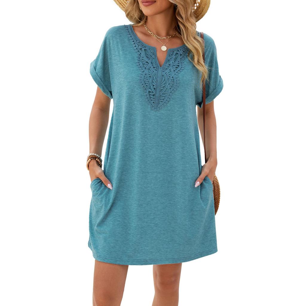Women's V Neck Lace Panel Short Sleeve Tunic Dress Loose Fit Casual Solid Color Mini Dress With Side Pockets