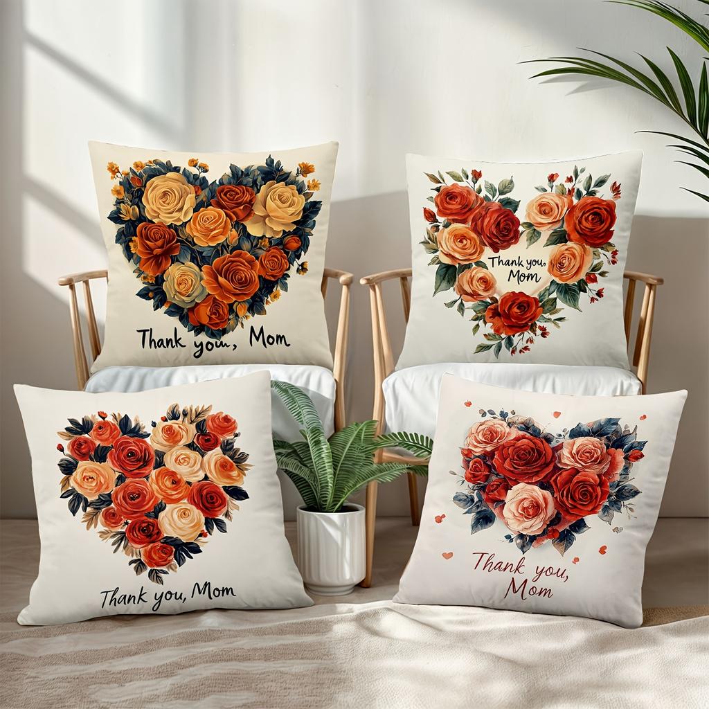 4pcs Happy Mother's Day Decorative Pillowcase Set, 18x18 Inch Floral Heart Cushion Covers for Sweet Home Decor, Gift for Mom, for Porch Patio Sofa