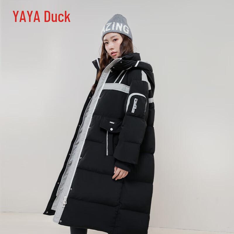 YAYA Women's 2024 Long Hooded Color-Block Down Jacket YE3B62277A6