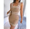 Casual Spring Summer Wrapped Square Neck Dress Colored Knitted Waist Button Collar