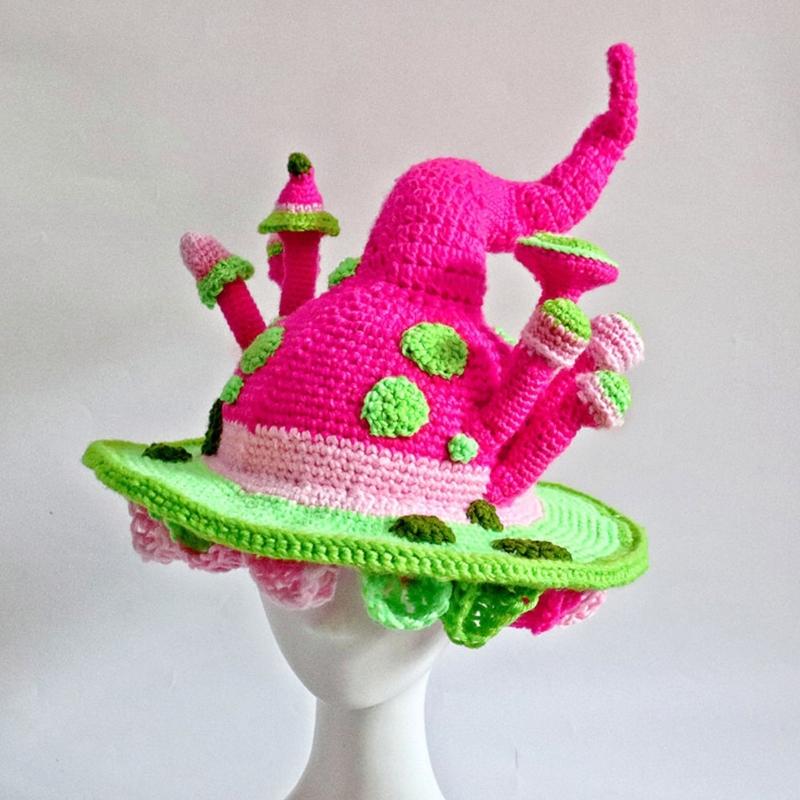 Halloween Knitted Fairy Hat with Mushroom Decor Wizard Hat Men Women Party Headgear Cosplay Hat Festivals Party Props