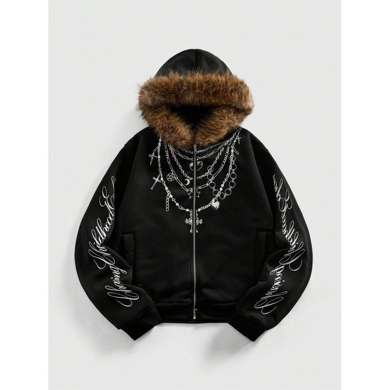 Vintage American Style Hooded Sweatshirt Fleece Lined Streetwear Dark Graphic Print Zip Up Hoodie Teens Youth