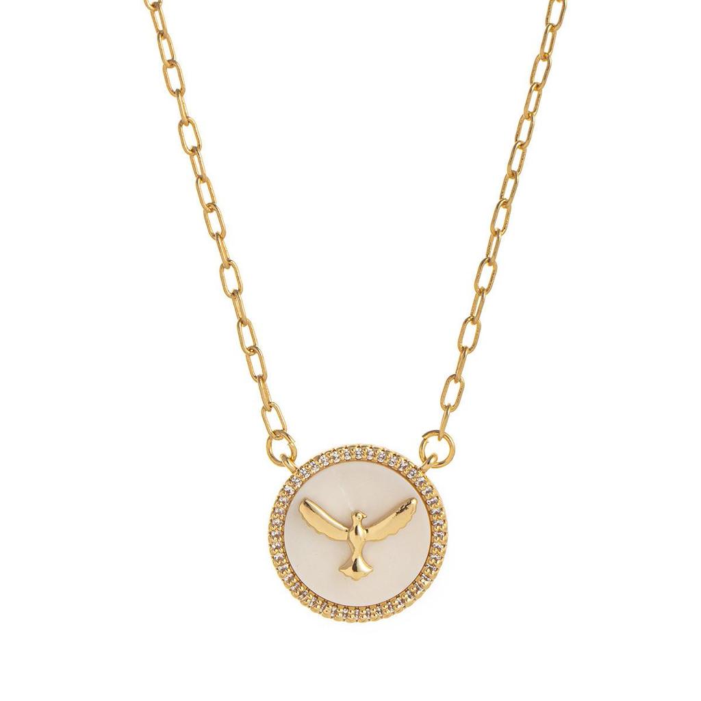 Peace Dove Mother-of-Pearl Pendant Necklace with Rhinestones, Copper, Light Luxury Niche Design, Electroplated Gold.