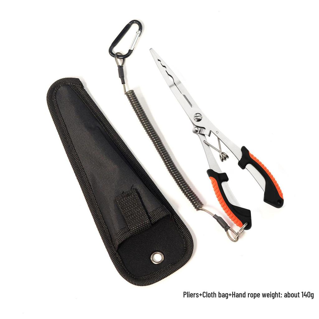 Long Nose Multifunctional Fishing Pliers: Lure, Fish Mouth Clamp, Hammer, Line Cutter, and Hook Control Tool.