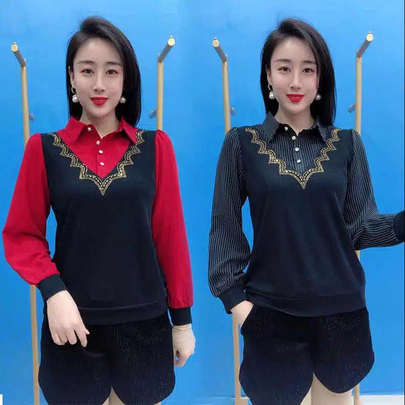 Autumn Winter New Fashion Patchwork Fake Two-piece Top for Women's Striped Long Sleeved Blouse Lapel Hot Diamond Bottoming Shirt