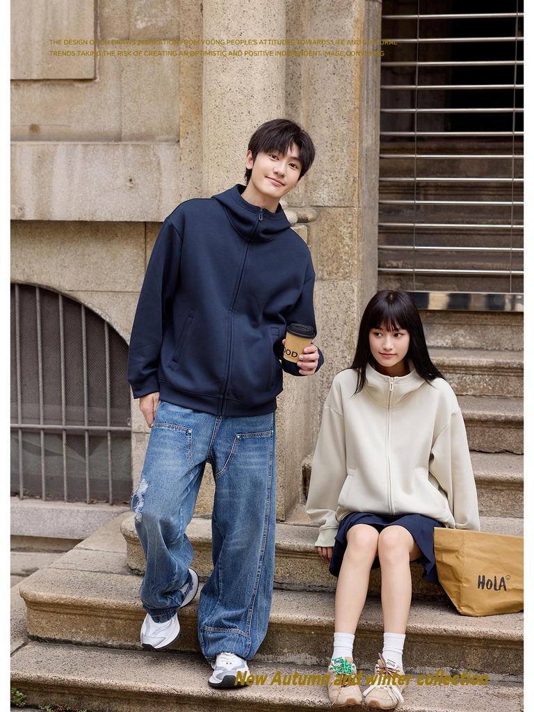 400g High Collar Zipper Cardigan Hoodie with Liquid Cotton Trendy Design - Model 9889.