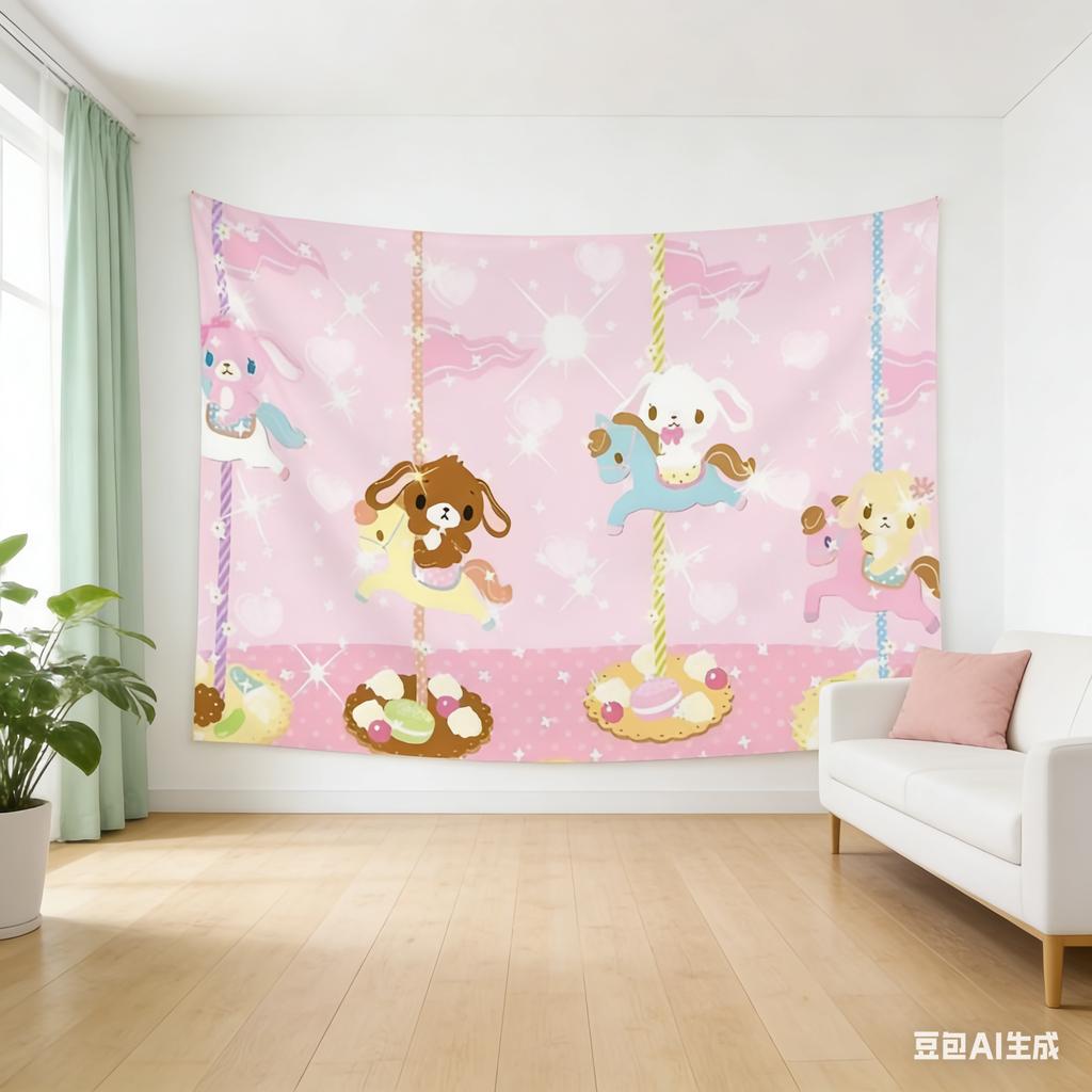 Pink Carousel Cartoon Tapestry  Kawaii Animal Wall Hanging for Girls Bedroom Nursery Dorm Party Decor