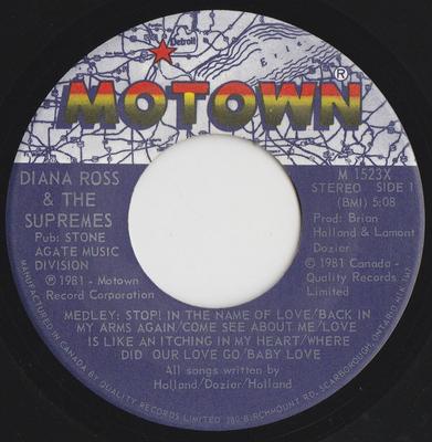 7inch Record DIANA ROSS & THE SUPREMES - Medley Of Hits M1523X MOTOWN 1981 Canada Soul/Funk Used