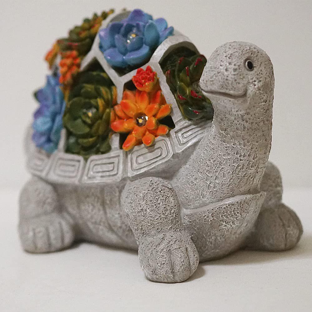 Solar-Powered Resin Succulent Turtle Garden Statue with LED Lights