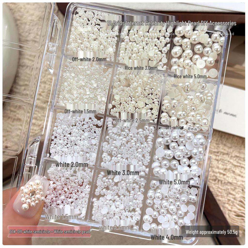 12-Fächer Perlen Nail Art Dekorationen: Stahlperlen in gemischter Größe & flache Halbrund-Strasssteine Weiß, Zubehör