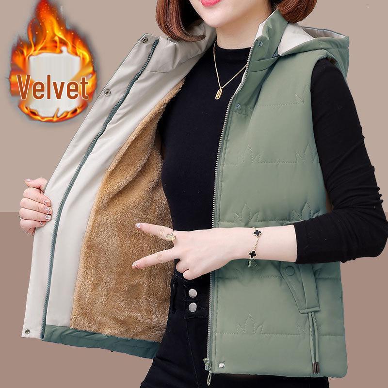 Dámská bavlněná vesta s fleecovou podšívkou, zateplená, krátkého střihu pro podzim/zimu 2024, ideální pro maminky středního věku a drobné postavy