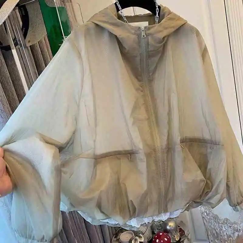 Damen Sommer Übergröße Locker Geschnitten Schlankmachende Kapuzenjacke Kurze Sonnenschutzkleidung Einfaches Design Reißverschlussjacke