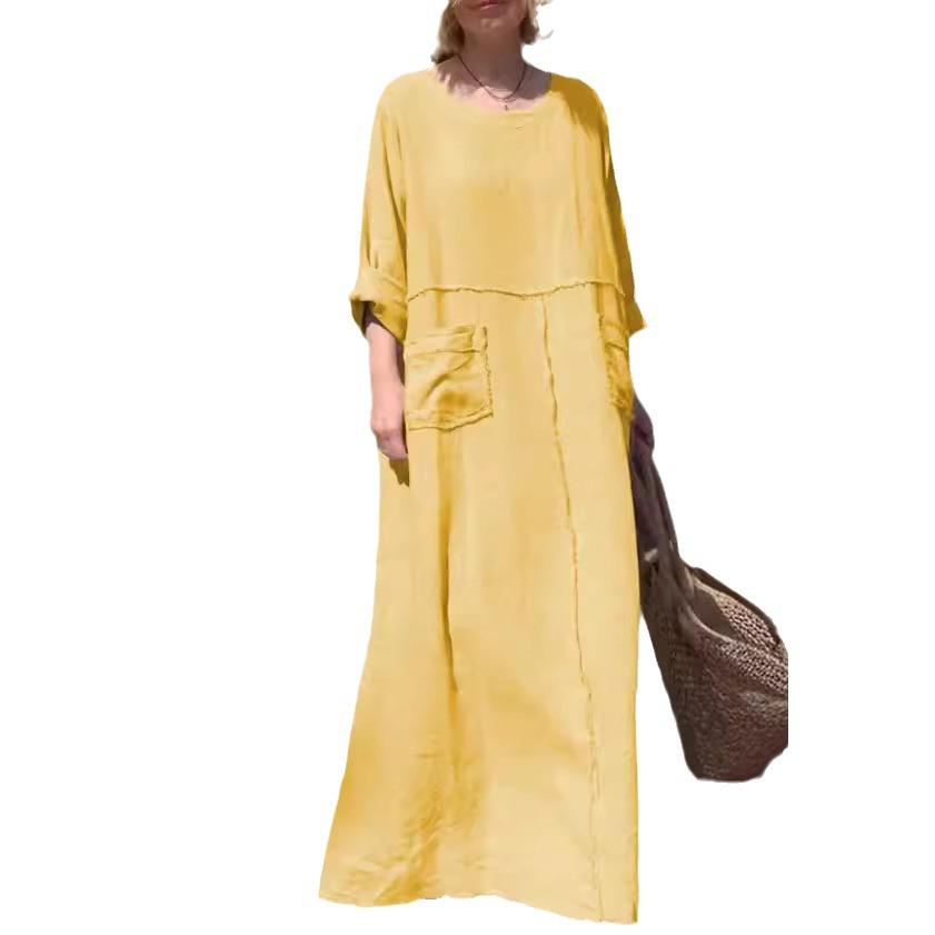2026 Grenzüberschreitendes Sommer-Freizeitkleid für Damen, Rundhalsausschnitt, Baumwoll-Leinen, Langarm, mit Falten und doppelten Seitentaschen
