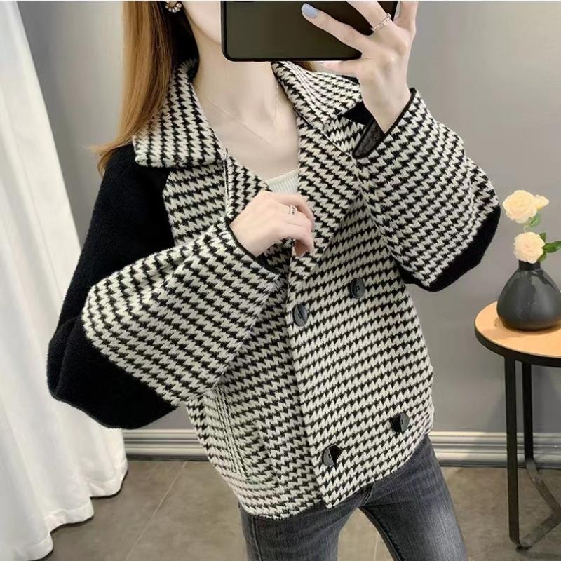 Chaqueta Corta de Moda de Pata de Gallo para Mujer Otoño e Invierno Versátil Holgada con Temperamento Cárdigan Chaqueta Gruesa