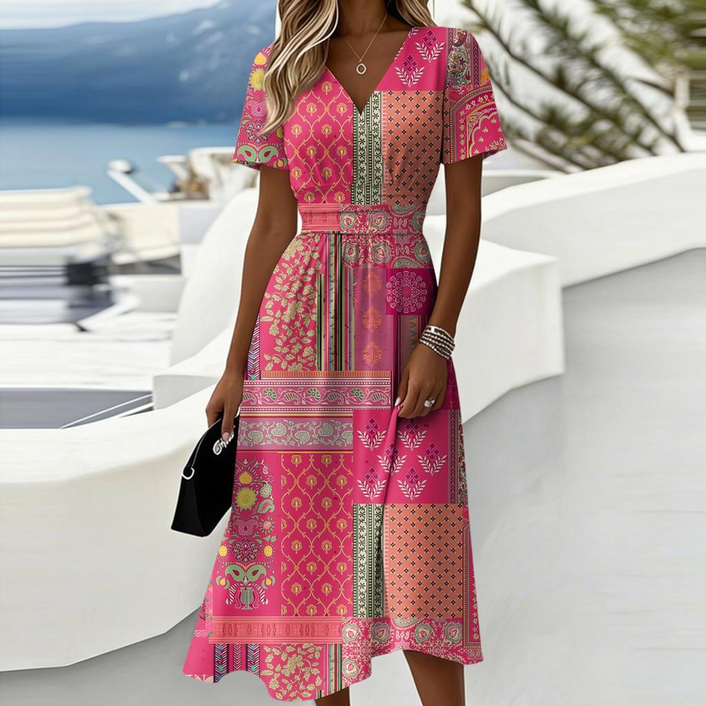 Ladies' Floral Casual Fashionable Short Sleeved V-neck Dress