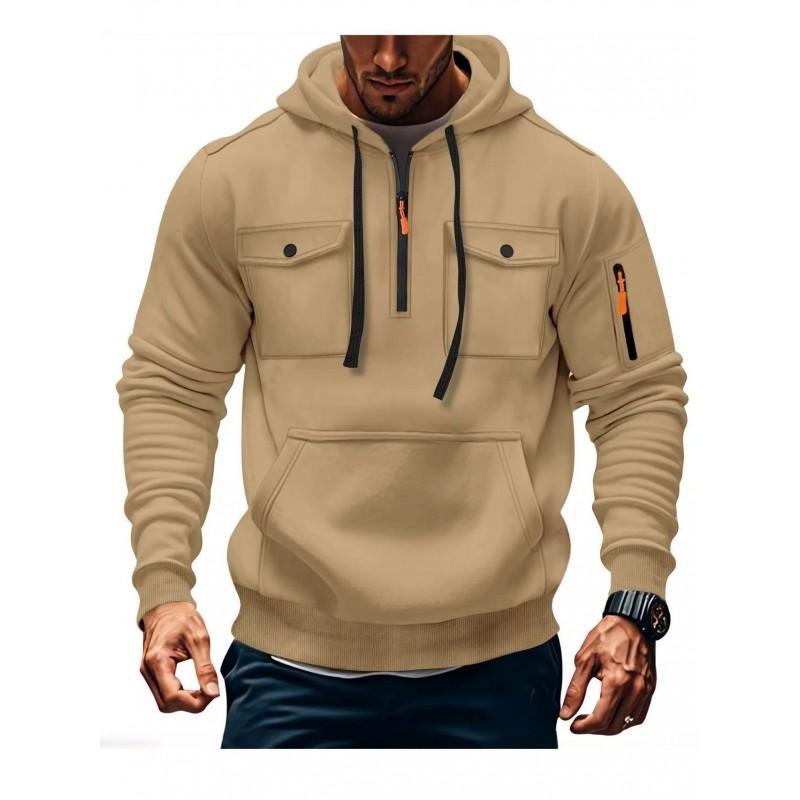 Mens Hooded Long Sleeve Pullover Sweatshirt With Multiple Pockets Zipper Front Casual Sporty Style
