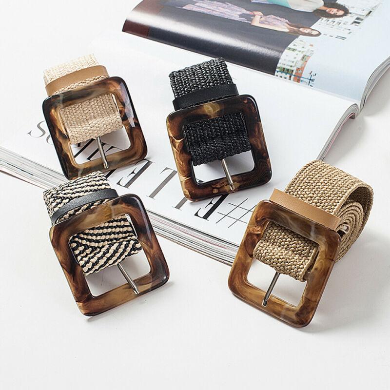 Women Belt Straw Casual Ultra Wide Belt Female Woven Vintage Carved Wood Buckle Elastic Belt Decoration Dress Shirt Waist Seal