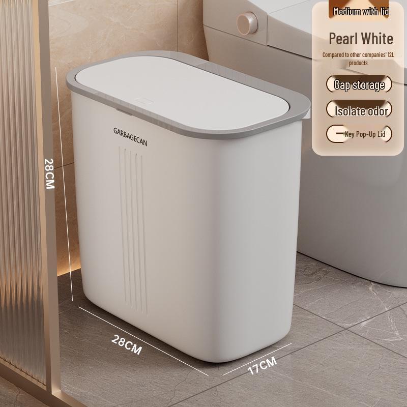 Large Bathroom Trash Can with Thickened Lid, Narrow Style, Press-Type