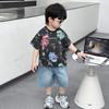 2026 Boys' Korean Style Summer Set: Colorful Dinosaur Print Tee & Denim Shorts