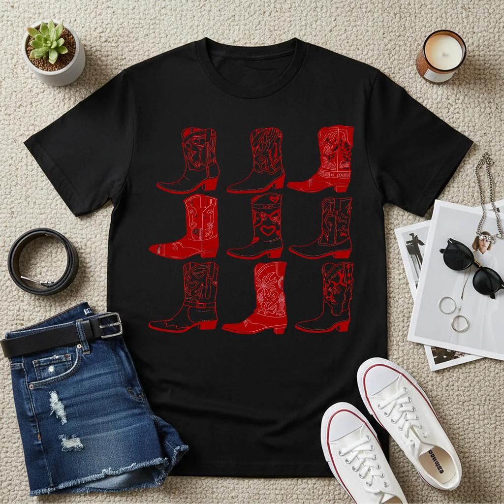 Western Cowboy Boots Print Shirts Women Round Neck Fashion Casual Graphic Tee