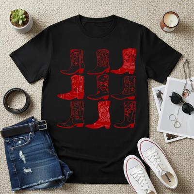 Western Cowboy Boots Print Shirts Women Round Neck Fashion Casual Graphic Tee
