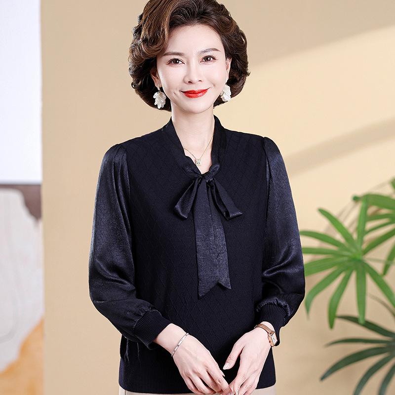 Chic Spring V-Neck Bow Pullover for Mature Women, Lightweight Knit Top for Spring & Autumn