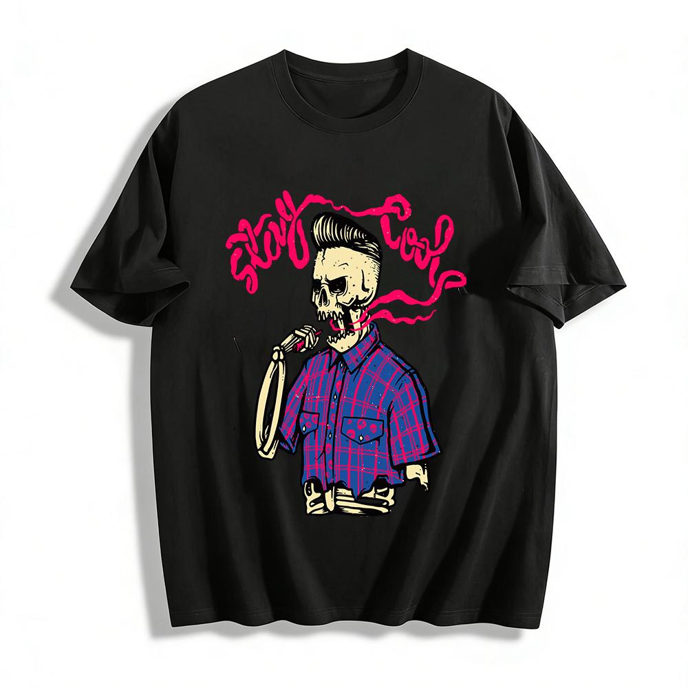 

Vintage Skull Print Short Sleeve Casual Loose Tee For Men Pure cotton T-shirt XXS