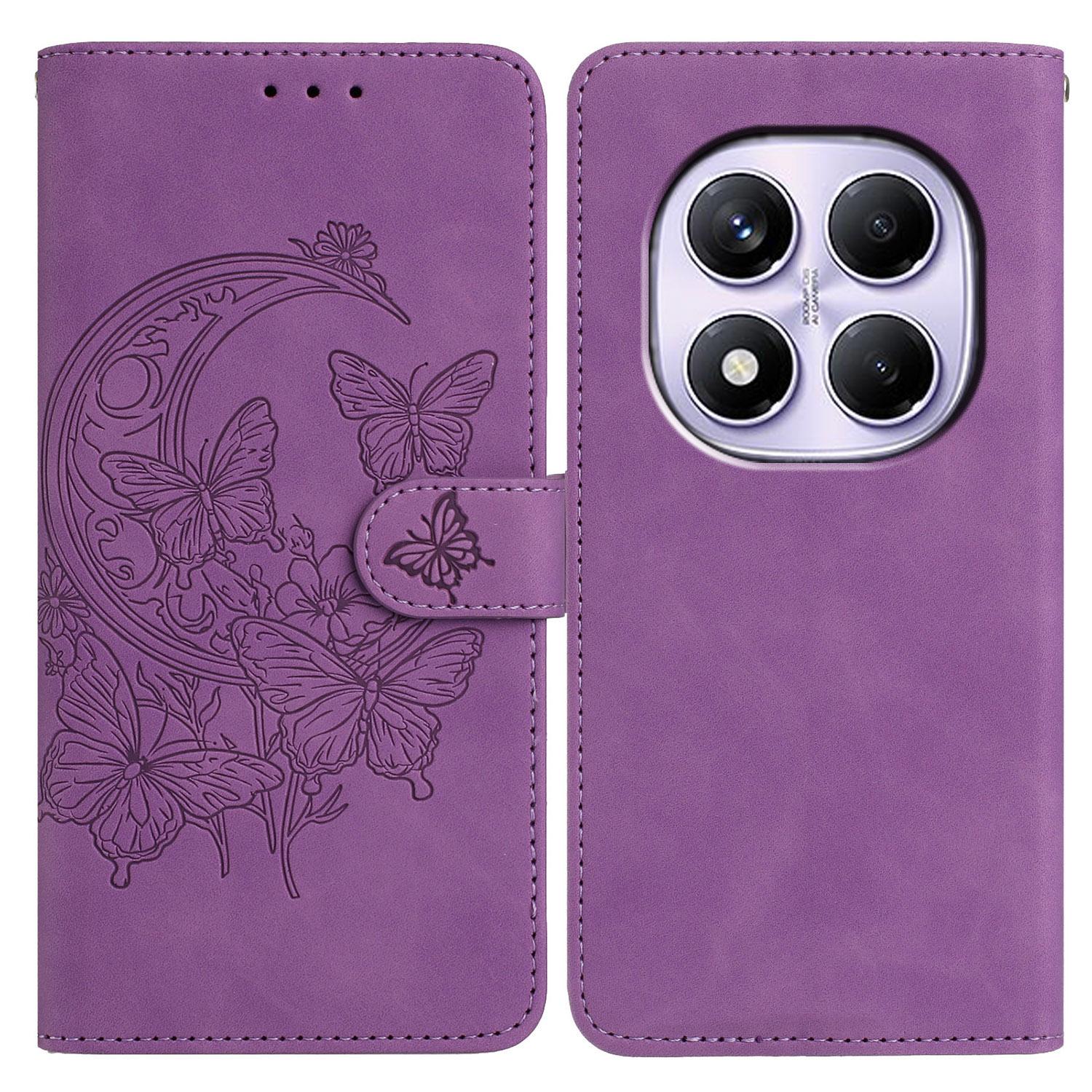 

Чохол для Xiaomi Redmi Note 14 Pro 4G з PU шкіри з принтом метелика та квітки, гаманець-підставка, чохол для телефону Purple