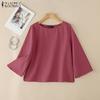 ZANZEA Women Casual Round Neck 3/4 Sleeve Solid Color Loose Blouse