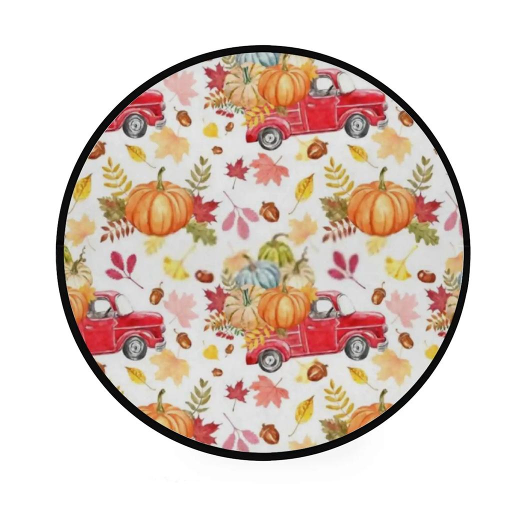 Fall Pumpkin Round Rug for Bedroom Thanksgiving Decor Circle Non Slip Carpet Maple Leaves Floor Mat for Bath Living Room Kitchen