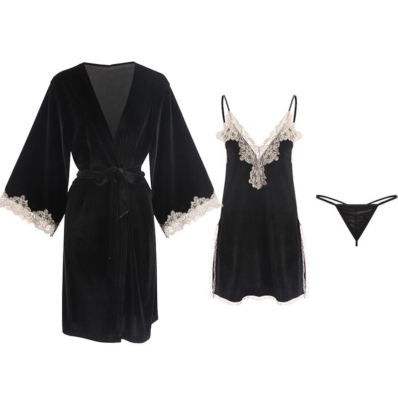 Women's Solid Velvet Lace Comfy Cami Sleep Dress with Robe Lounge Set