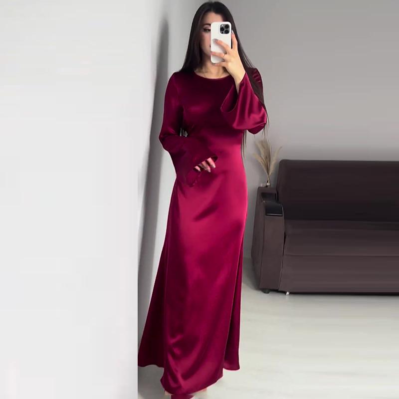 Long Sleeve Elegant Evening Satin Dress For Women High Waist Slim Lace Up Maxi Dresses Femme France Vintage Vacation Banquet Mermaid Bodycon Dresses