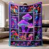 2026 Latest Preppy Mushroom Print Flannel Throw Blanket 1pc, Soft Cozy Fleece, All Seasons, Digital Print, Polyester 200-250Gsm, Bohemian Style, Squar