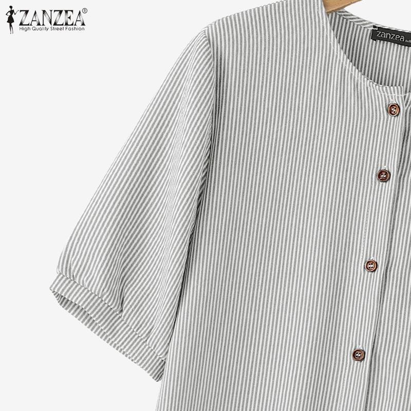 ZANZEA Women Casual Round Neck Short Sleeve Loose Stripe Dress