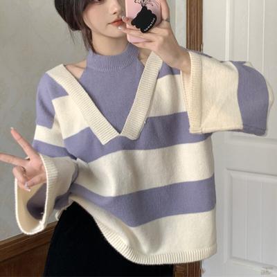 Autumn Casual Loose Striped Sweater Women Winter Sexy Off Shoulder Fake Two Piece Knitted Pullover French Style Soft Top 28931