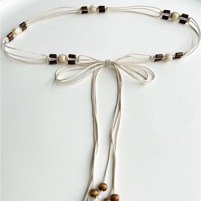 Wax Rope Hand-woven Wooden Bead Bow Waist Chain Retro Ethnic Style Temperament Belt Versatile Light Luxury Niche Jewelry