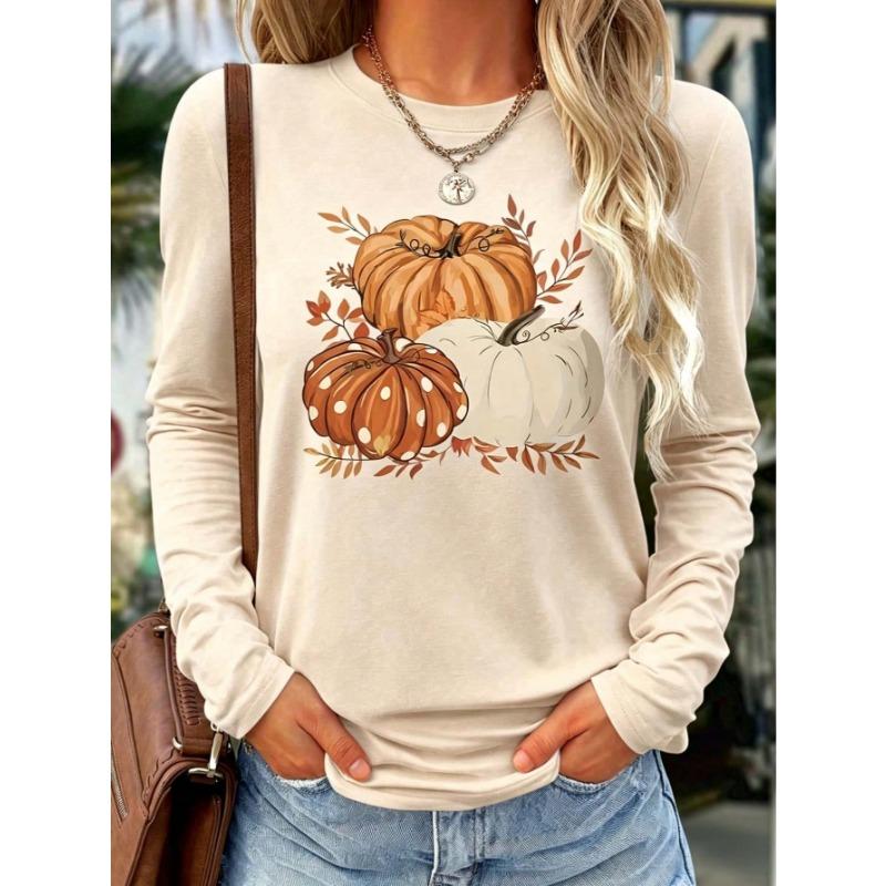 Women's Autumn Winter Pumpkin Print Long‑Sleeve Top, Elegant Crew Neck Loose‑Fit Long Sleeve, Street Style For Halloween & Daily Outings