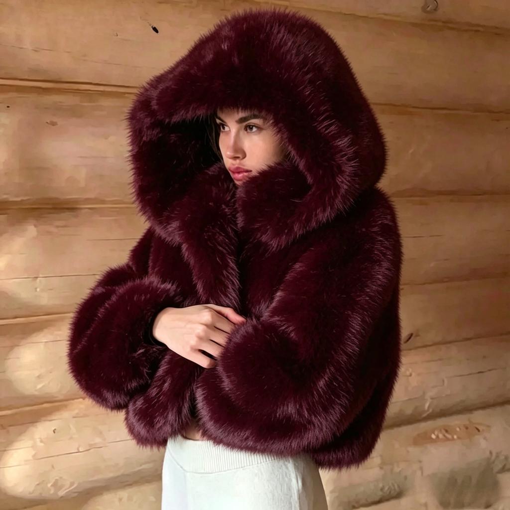 Plus Size Y2k New Winter Warm Pure White Mountain Fashion Hooded Cropped Faux Fur Coat Women Fluffy Eco Fox Fur Jacket Girls Hot Overcoat