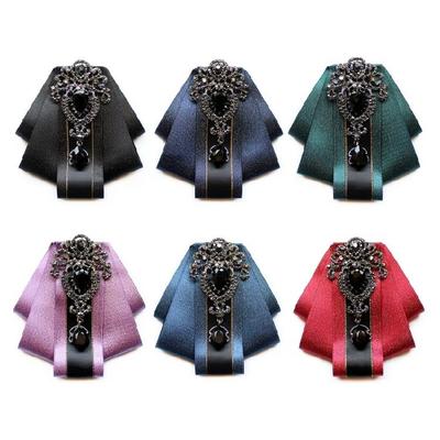 Silk Ribbon Bowtie Brooch Pretied Necktie Wedding Crystal Bowknot Shirt Collar