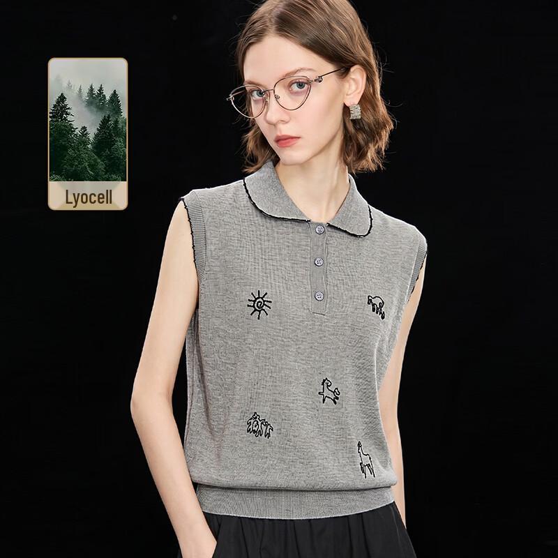 Tencel Blend Embroidered Sleeveless Knit Top L